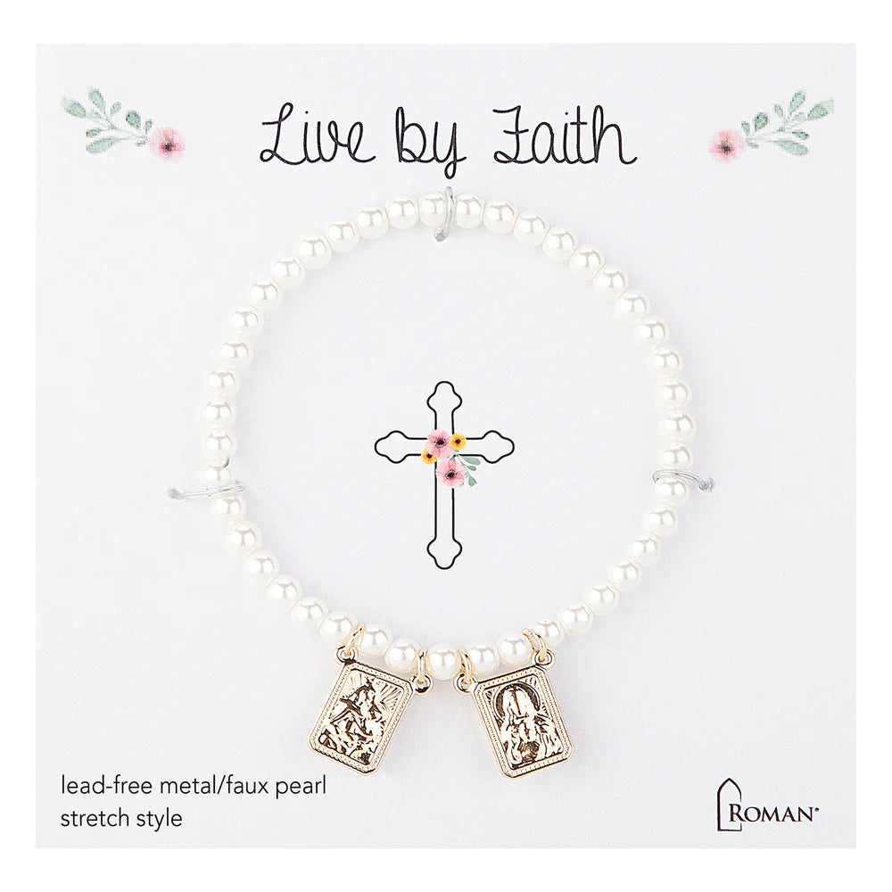 Children's Pearl and Double Charm Scapular Stretch Bracelet - Gold