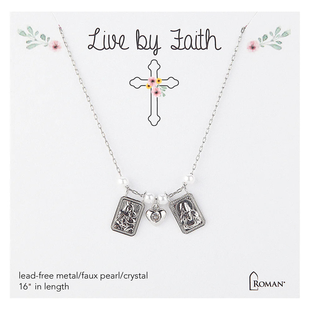 Children's Scapular Necklace with Heart & Pearl Accents - Silver