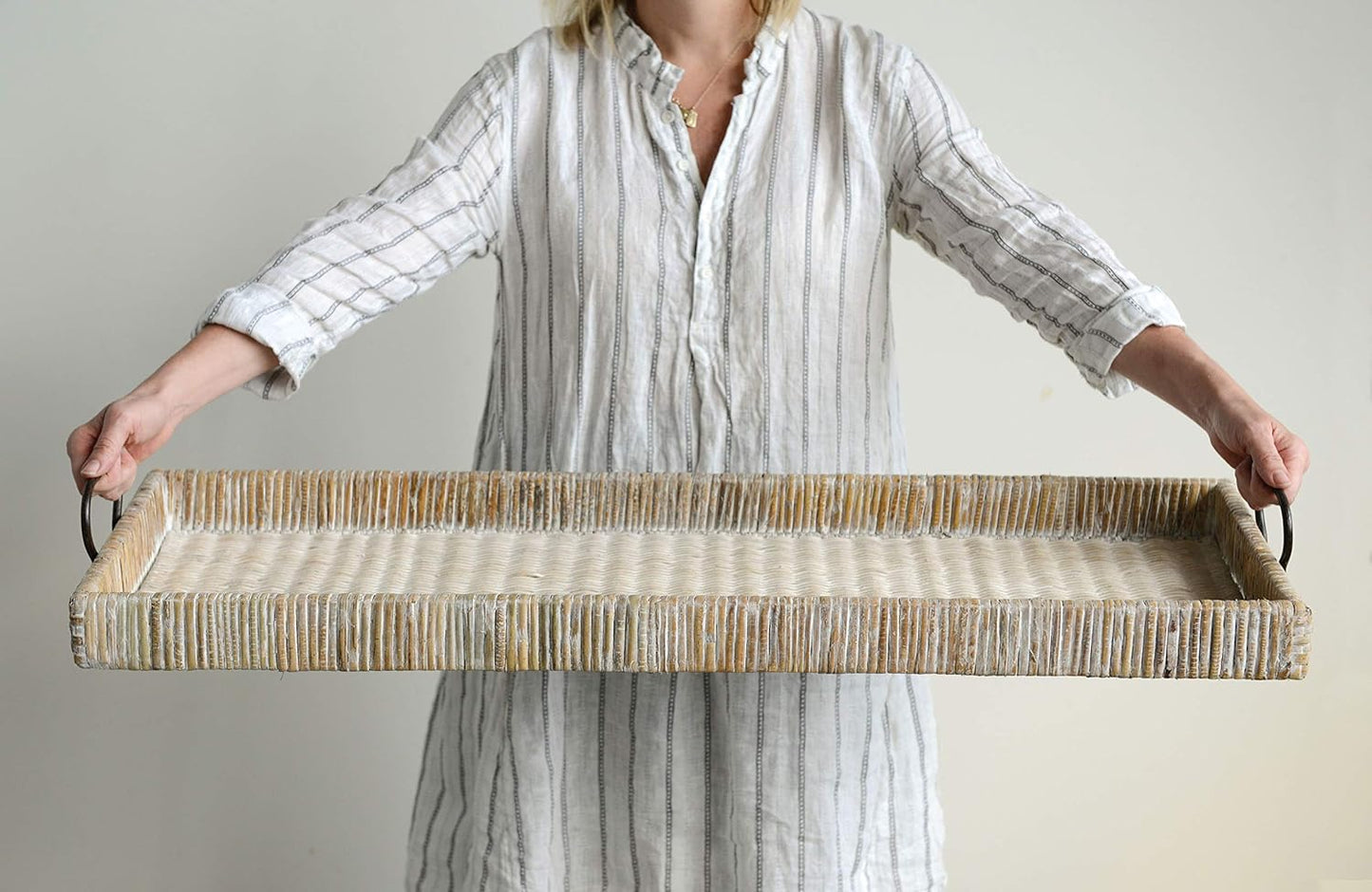 Oversize Decorative Rattan Tray with Metal Handles