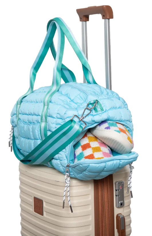 Light Blue and Green Striped Quilted Duffel