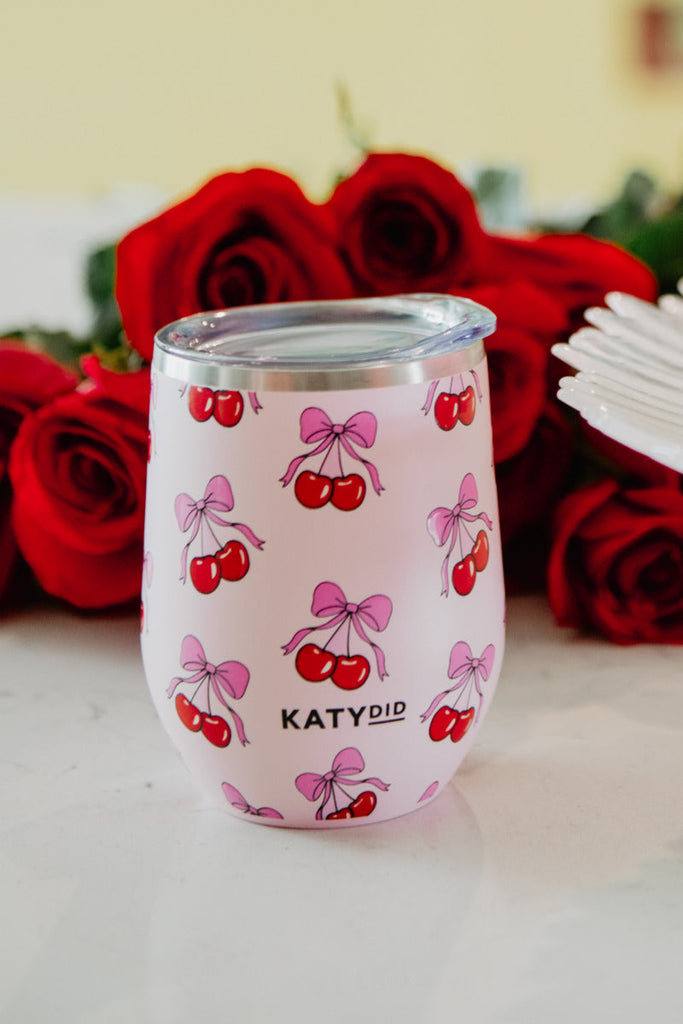 Wine Tumbler with Lid - Cherry Bows