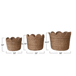 Braided Bankuan & Rattan Baskets w/ Scalloped Edge, Set of 3