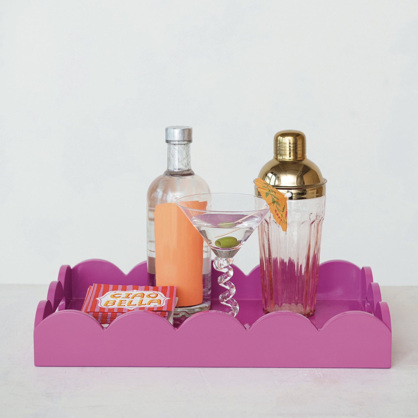 Fuchsia Lacquered Scalloped Tray with Handles