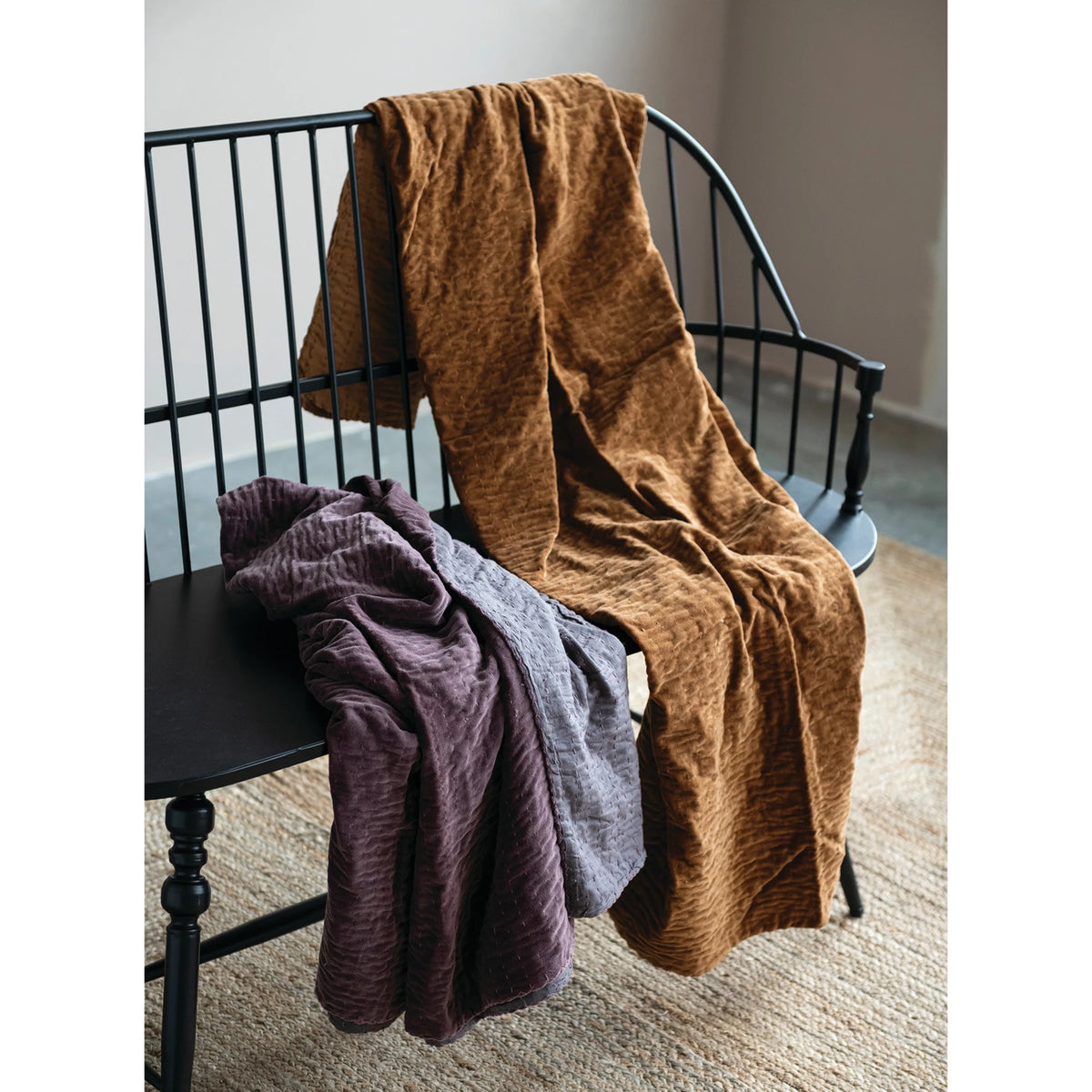 Cotton Velvet Throw with Hand-Embroidered Kantha Stitch & Blanket Stitch Edge