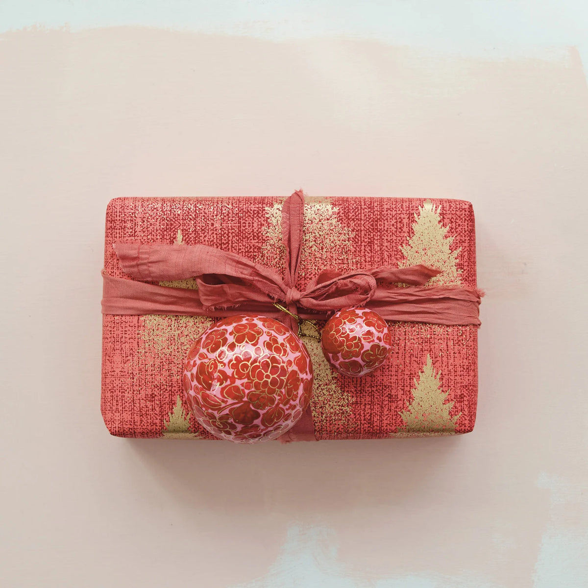 Hand-Painted Paper Mache Ball Ornament with Flower Design & Tassel, Red, Pink & Gold Finish