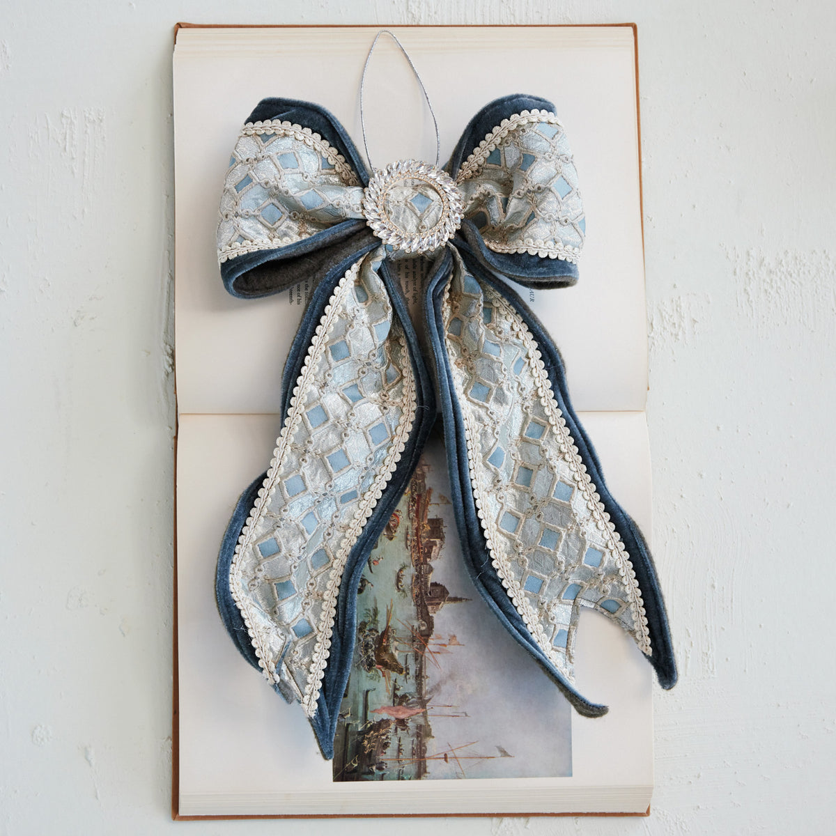 Oversized Velvet & Jacquard Fabric Bow Ornament with Jewels, Blue & Cream Color