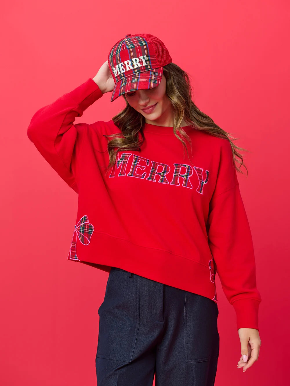 Plaid "Merry" Relaxed Sweatshirt, Red