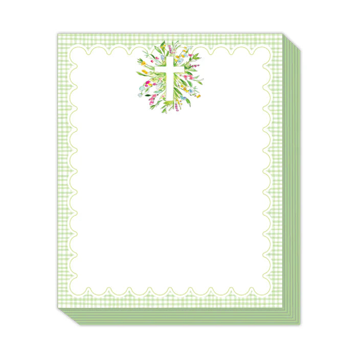 Hand Painted Cross in Spring Florals and Greenery Green Gingham Border Stack Pad