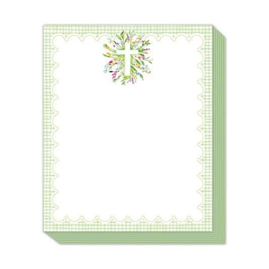Hand Painted Cross in Spring Florals and Greenery Green Gingham Border Stack Pad