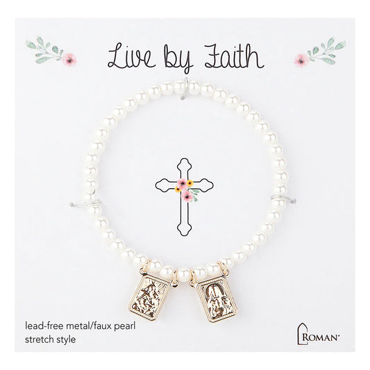 Children's Pearl and Double Charm Scapular Stretch Bracelet - Gold