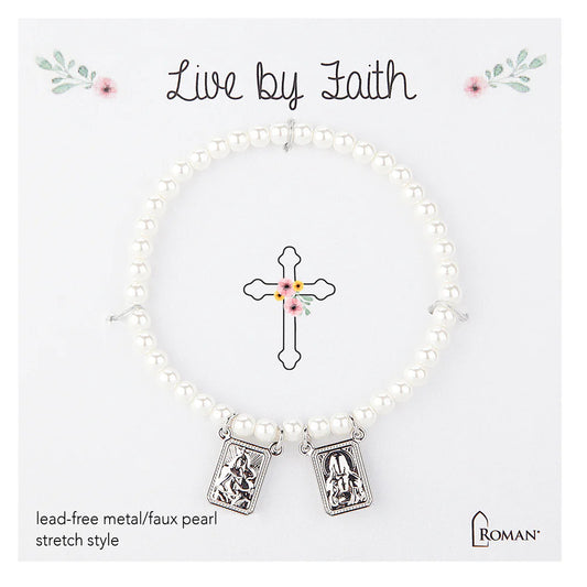 Children's Pearl and Double Charm Scapular Stretch Bracelet - Silver