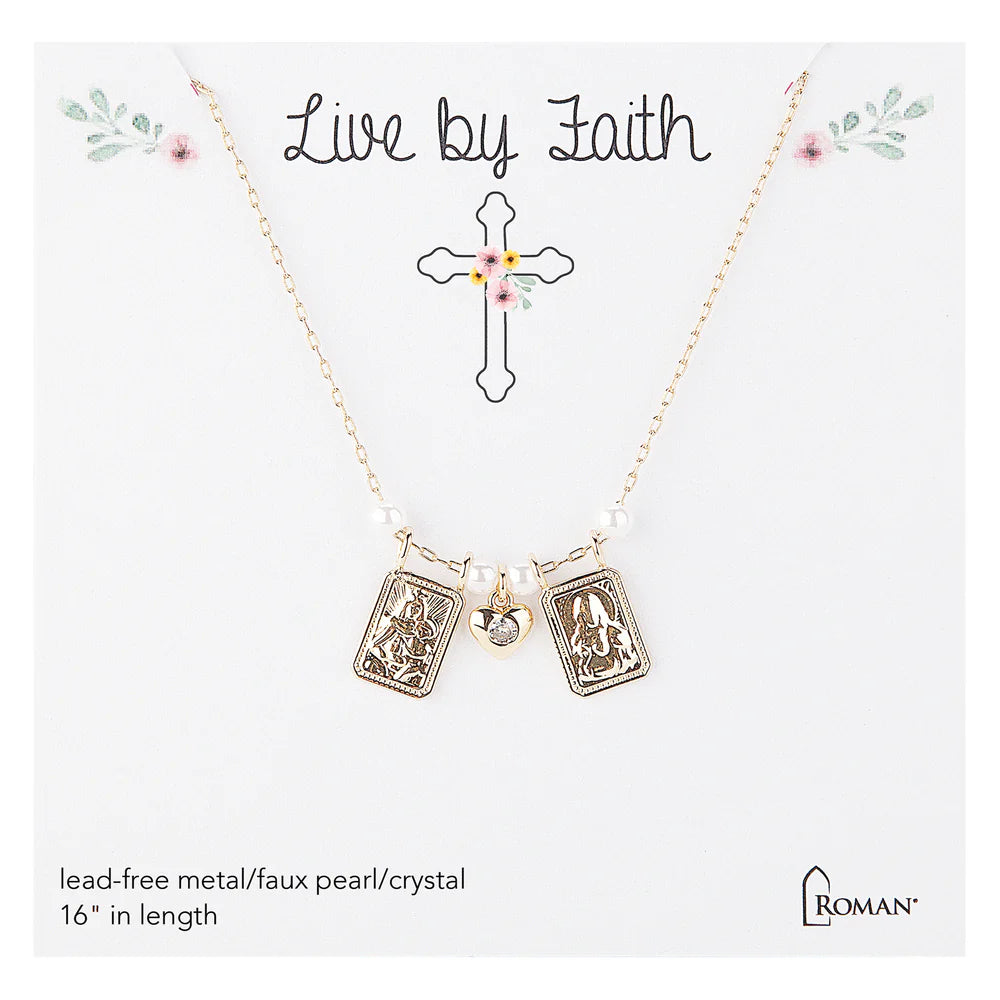 Children's Scapular Necklace with Heart & Pearl Accents - Gold