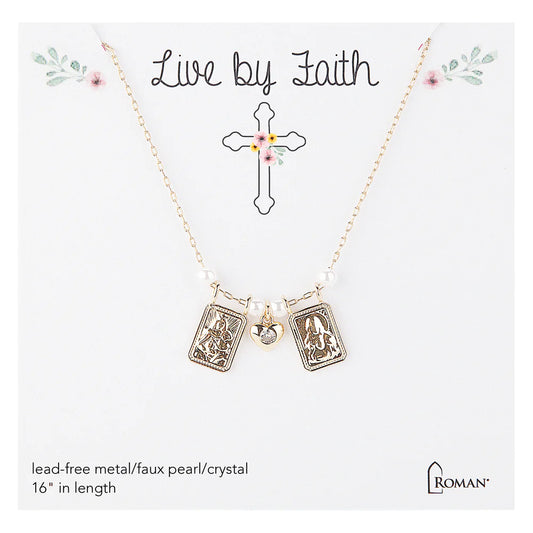 Children's Scapular Necklace with Heart & Pearl Accents - Gold