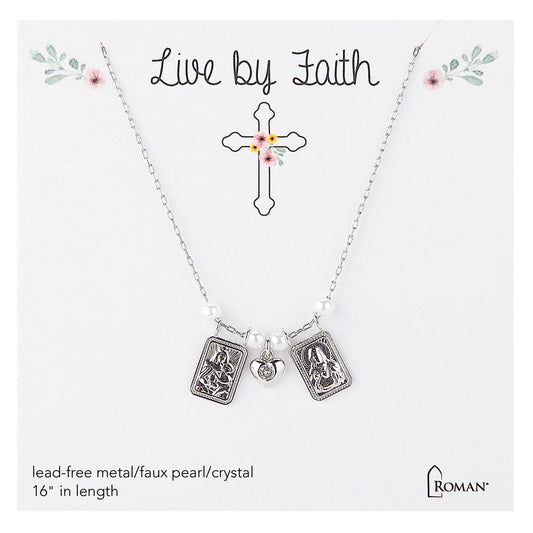 Children's Scapular Necklace with Heart & Pearl Accents - Silver