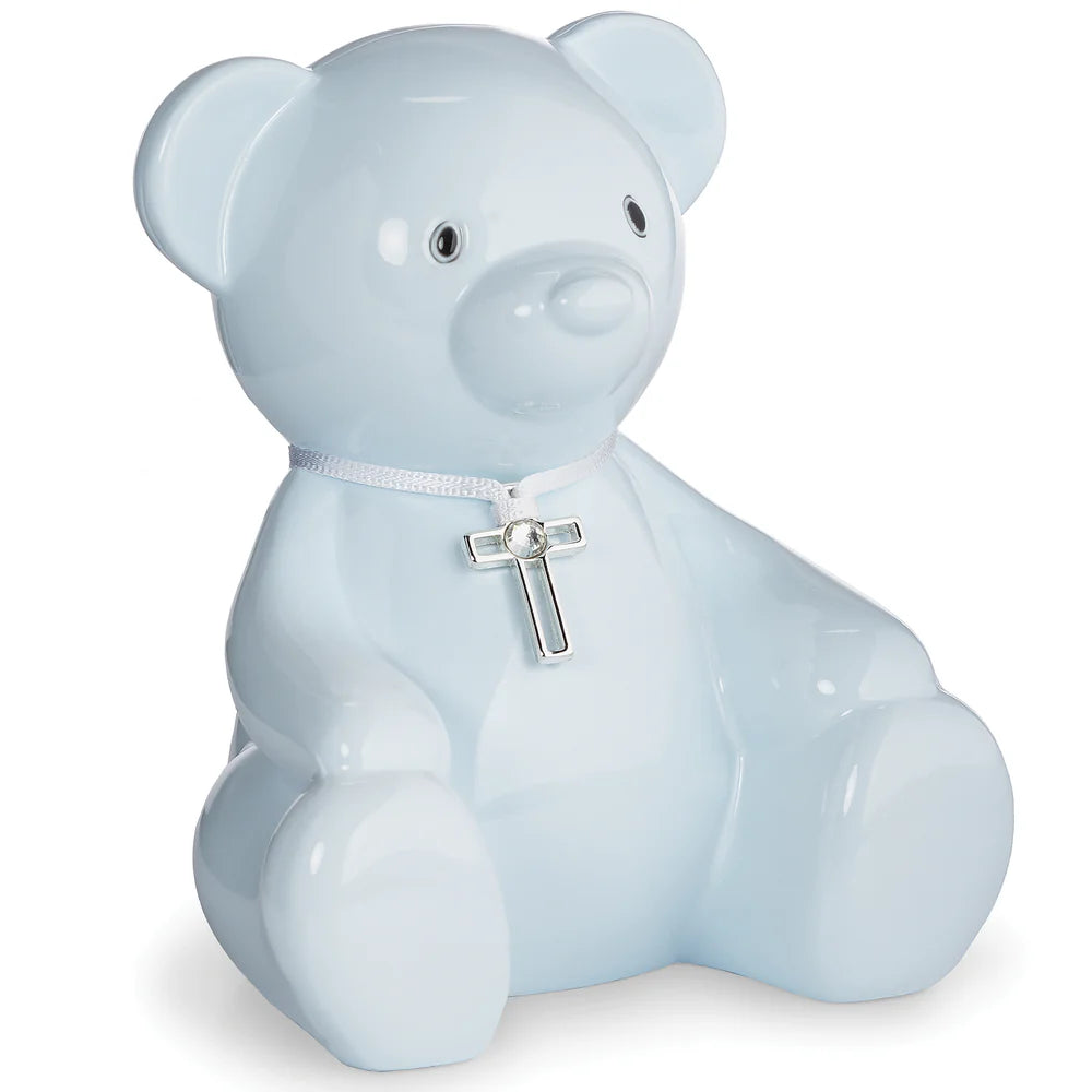Teddy Bear Bank with Cross Necklace - Blue