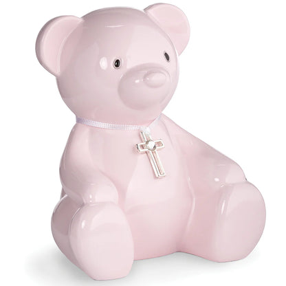 Teddy Bear Bank with Cross Necklace - Pink