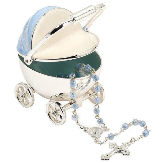 Caroline Collection Baby Carriage Keepsake Box & Rosary - Blue