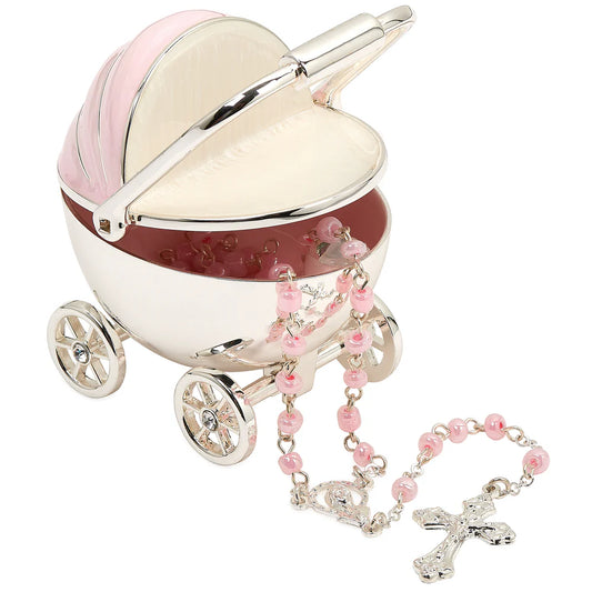 Caroline Collection Baby Carriage Keepsake Box & Rosary Set - Pink