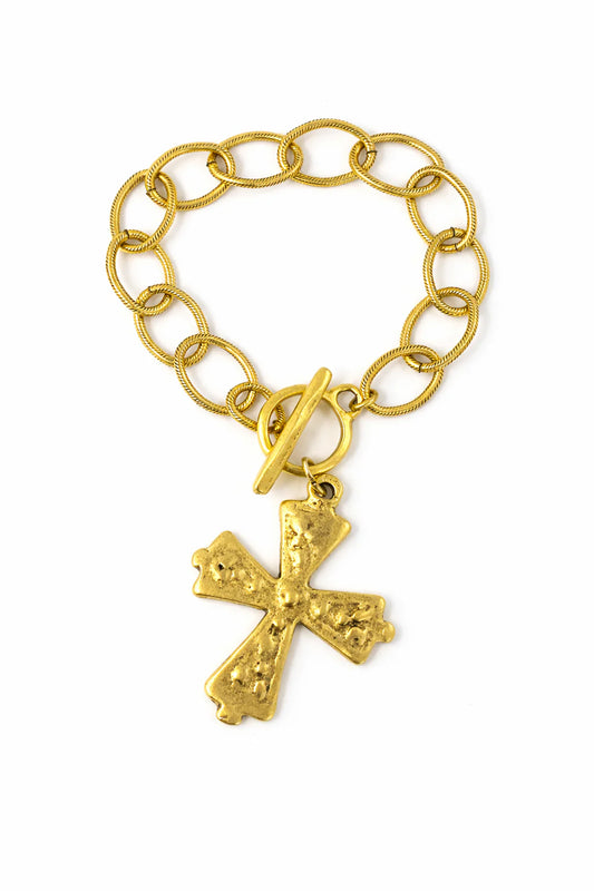 Chunky Chain Bracelet - Antique Gold Cross
