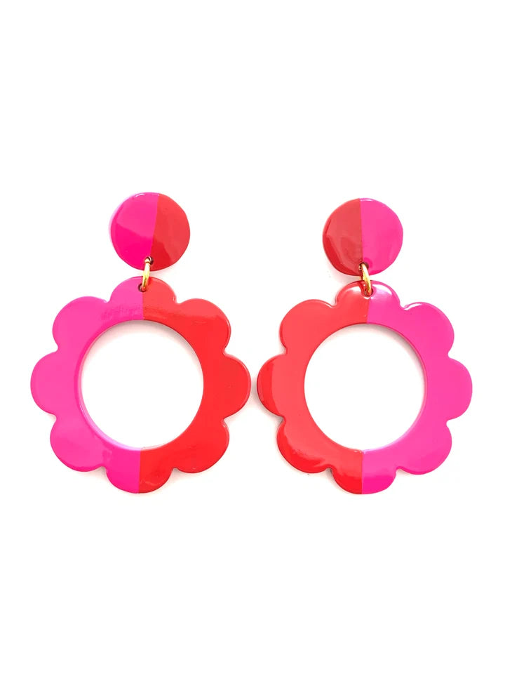 Color Block Flower Earrings - Hot Pink/Red