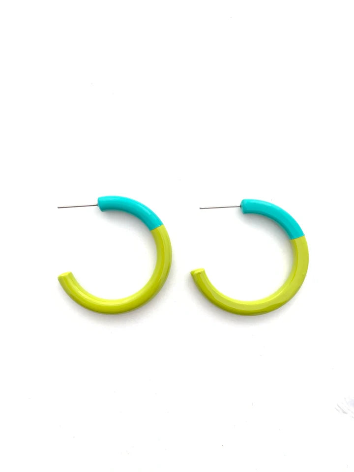 Color Block Hoop Earrings Medium - Aqua and Lime
