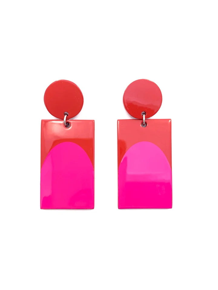 Arch Color Block Earrings - Hot Pink/Red