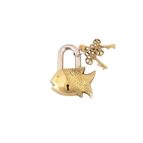 Brass And Metal Fish Shaped Lock With 2 Brass Keys