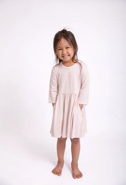 3/4 Sleeve Dress-Pink Stripes
