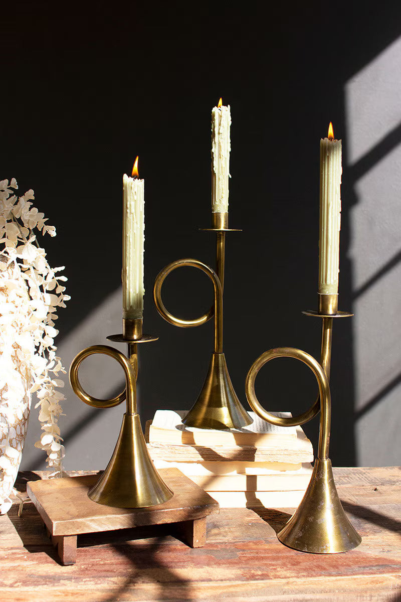 Antique Brass Trumpet Gold Taper Candle Holder