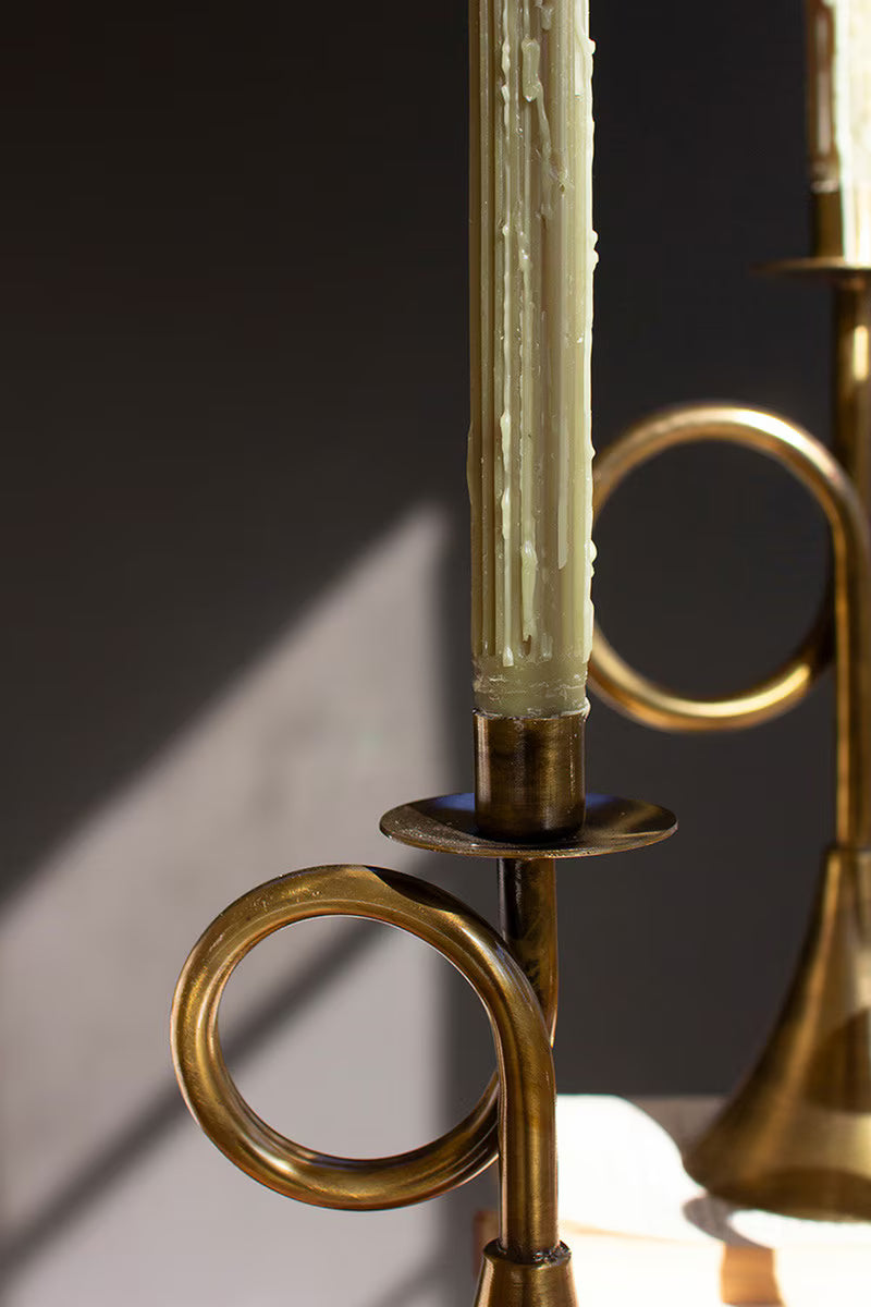Antique Brass Trumpet Gold Taper Candle Holder