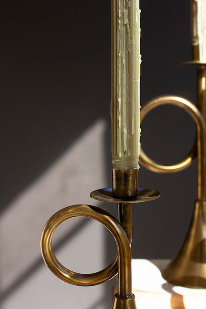Antique Brass Trumpet Gold Taper Candle Holder
