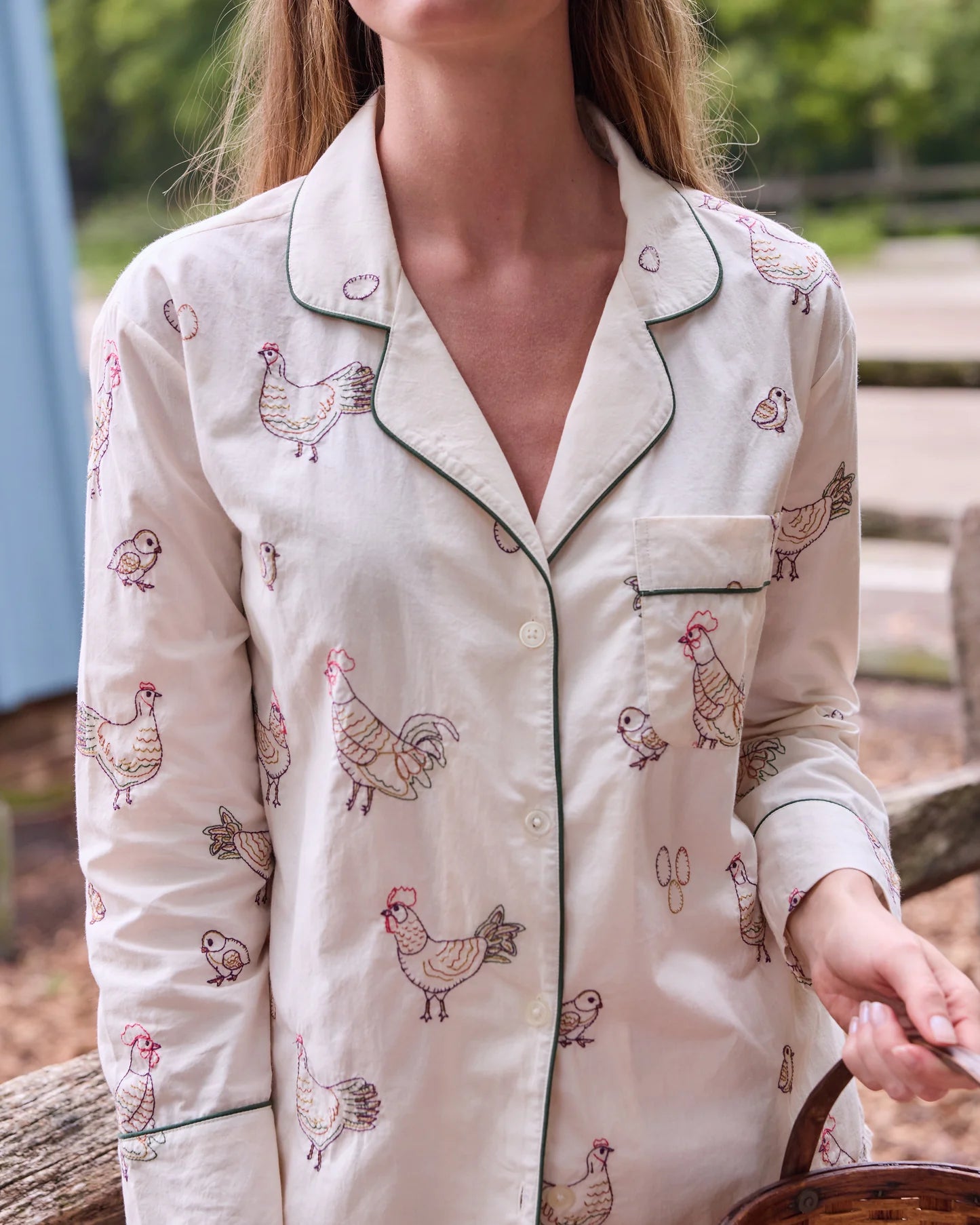 Embroidered Hens Long PJ Set - Medium
