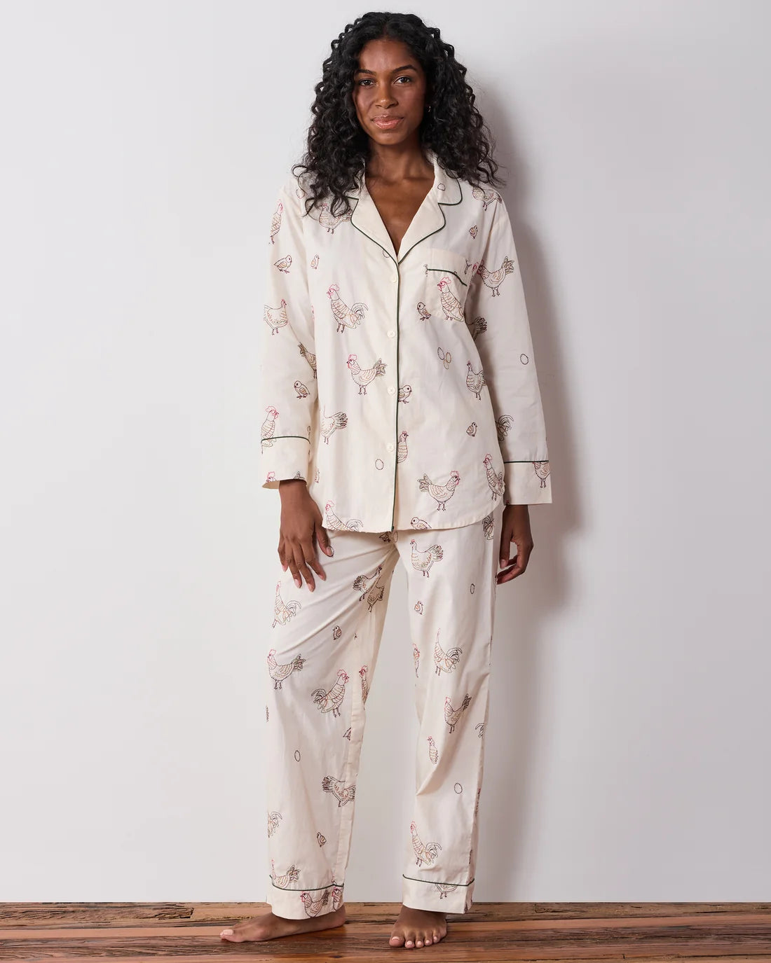 Embroidered Hens Long PJ Set - Medium