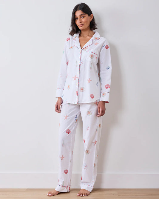 Long PJ Set - Embroidered Shells