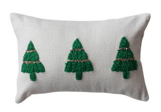 Embroidered Christmas Trees and Beads Cotton Slub Lumbar Pillow Cover