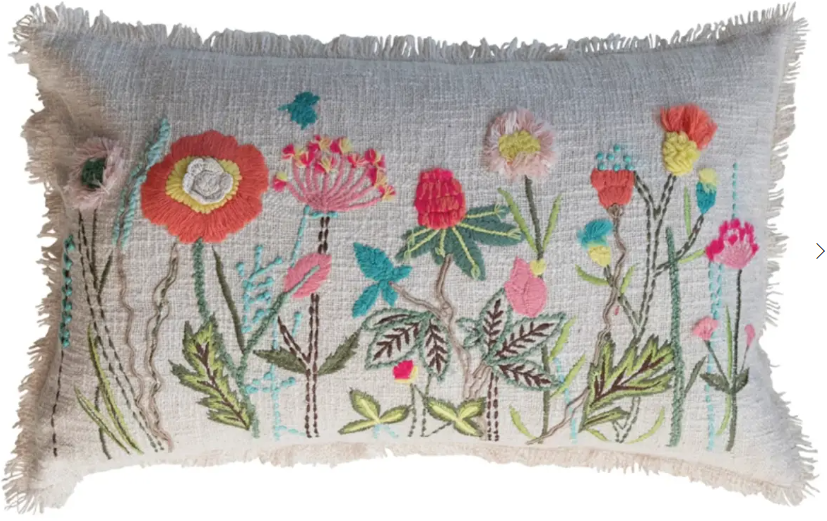 24"L x 14"H Cotton Slub Floral Embroidered Lumbar Pillow
