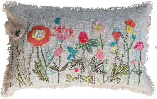 24"L x 14"H Cotton Slub Floral Embroidered Lumbar Pillow