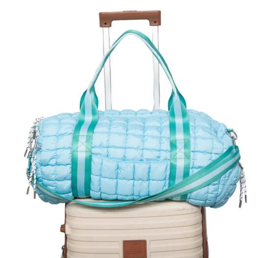 Light Blue and Green Striped Quilted Duffel