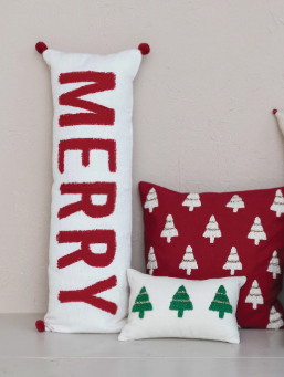 Embroidered Christmas Trees and Beads Cotton Slub Lumbar Pillow Cover
