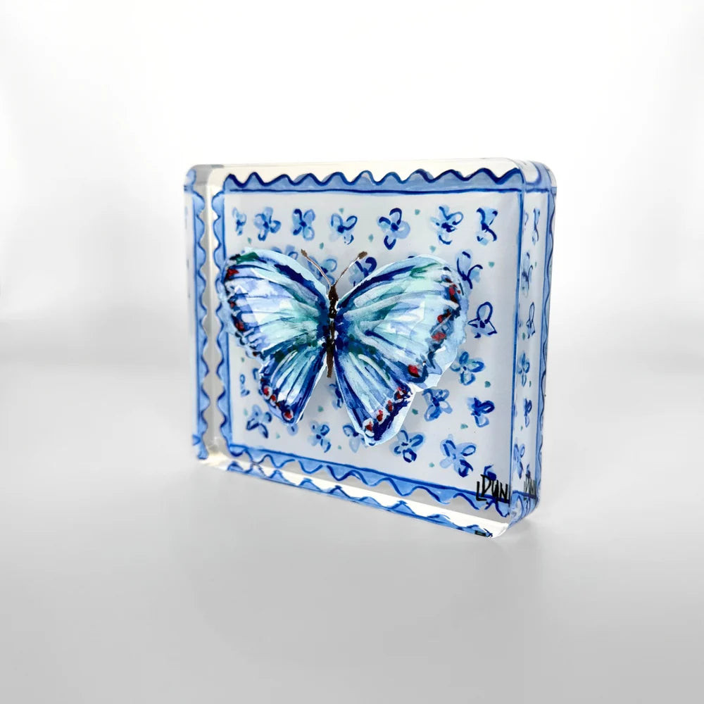 Acrylic Block - Blue Butterfly On Large Flower Block