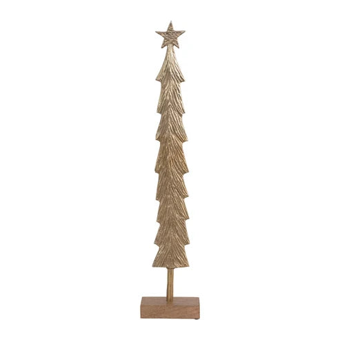 Metal Cast Christmas tree w/ Mango Wood Base, Brass Finish