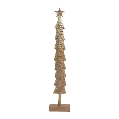 Metal Cast Christmas tree w/ Mango Wood Base, Brass Finish