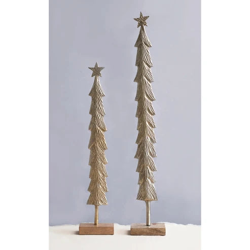 Metal Cast Christmas tree w/ Mango Wood Base, Brass Finish