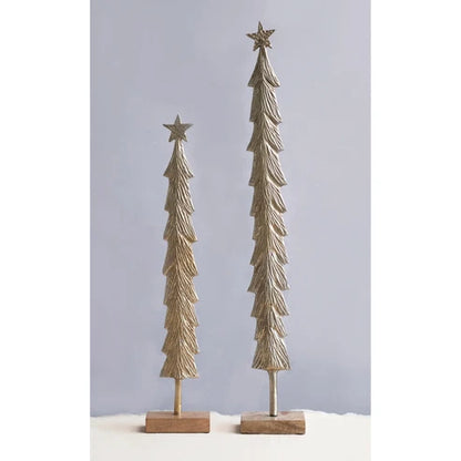 Metal Cast Christmas tree w/ Mango Wood Base, Brass Finish