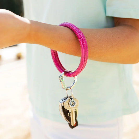 Leather Big O Key Ring - Pink Topaz Croc-Embossed