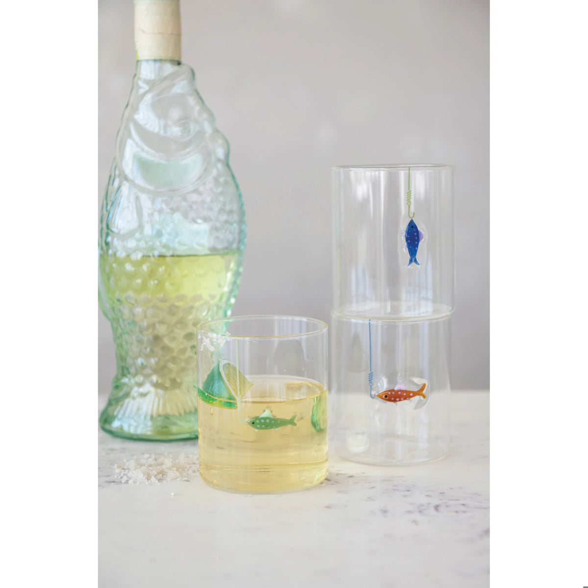 12 oz. Hand-Blown Drinking Glass with Fish On Hook, 3 Styles