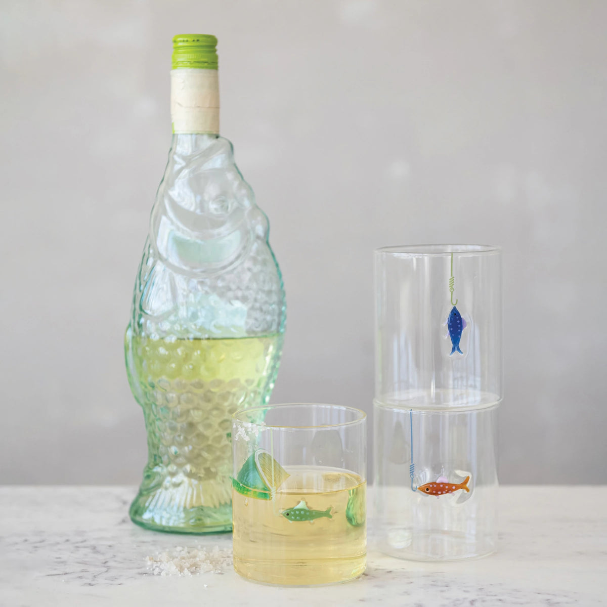 12 oz. Hand-Blown Drinking Glass with Fish On Hook, 3 Styles