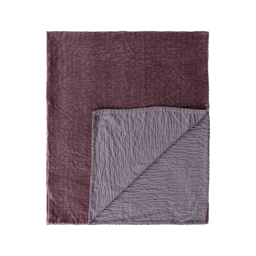 Cotton Velvet Throw with Hand-Embroidered Kantha Stitch & Blanket Stitch Edge