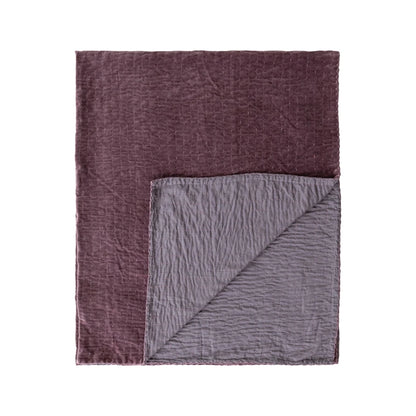 Cotton Velvet Throw with Hand-Embroidered Kantha Stitch & Blanket Stitch Edge
