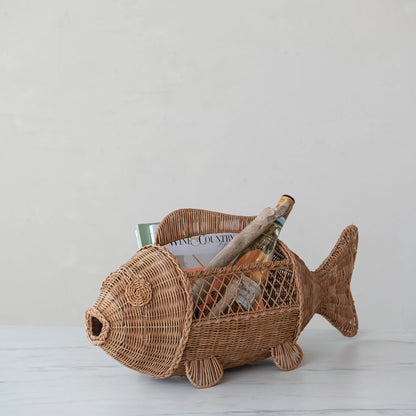 Hand-Woven Rattan & Wire Fish Shaped Container with Handle